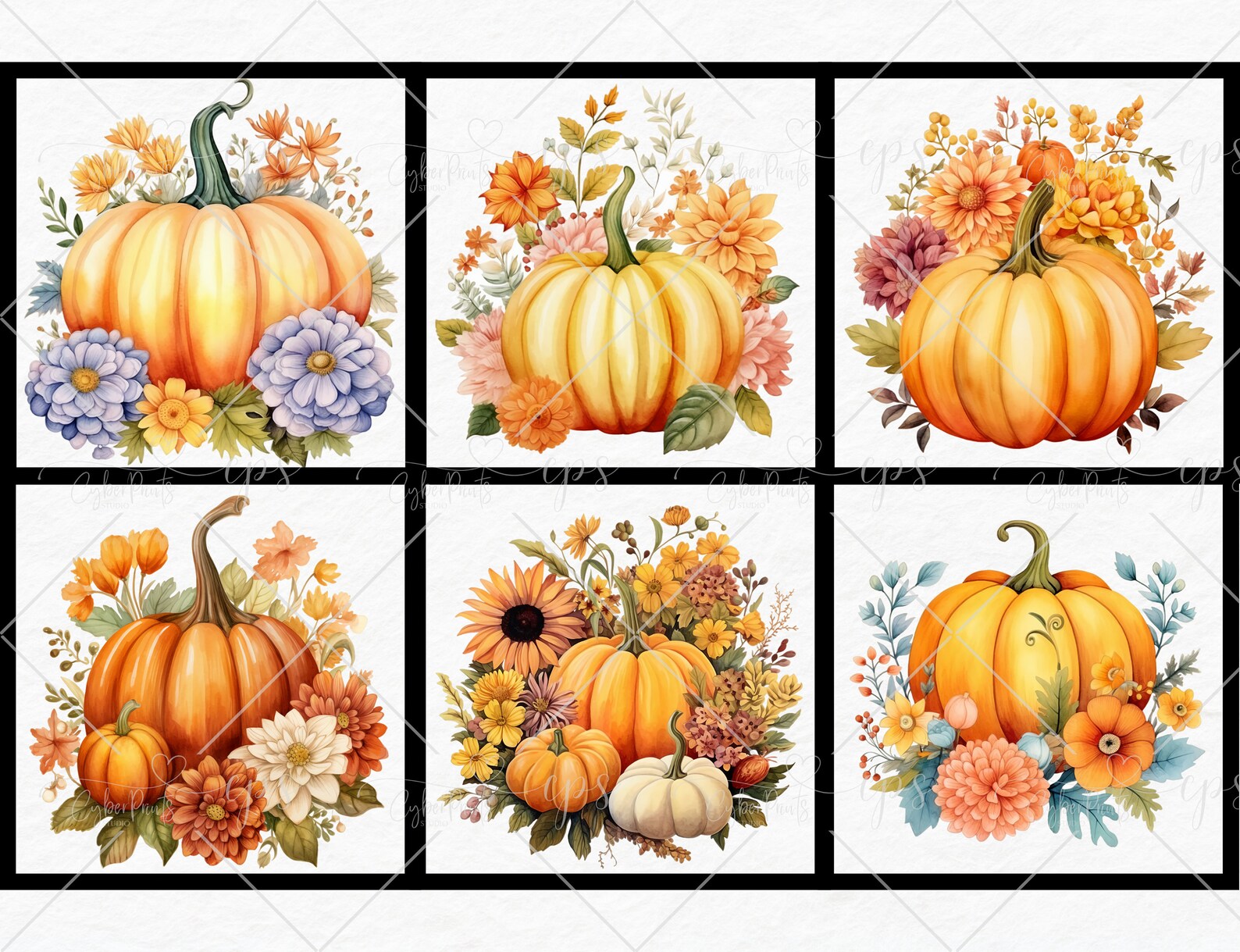 Watercolor Floral Pumpkin Bouquets Clipart - Autumn Watercolor in PNG ...