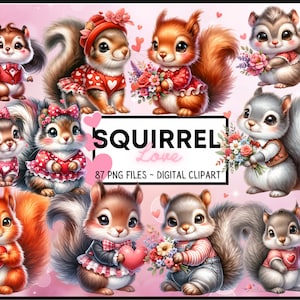 Paquete de imágenes prediseñadas de ardilla de San Valentín - Paquete de sublimación para manualidades del día de San Valentín. Bebé animales Clipart PNG reserva de chatarra, diario basura