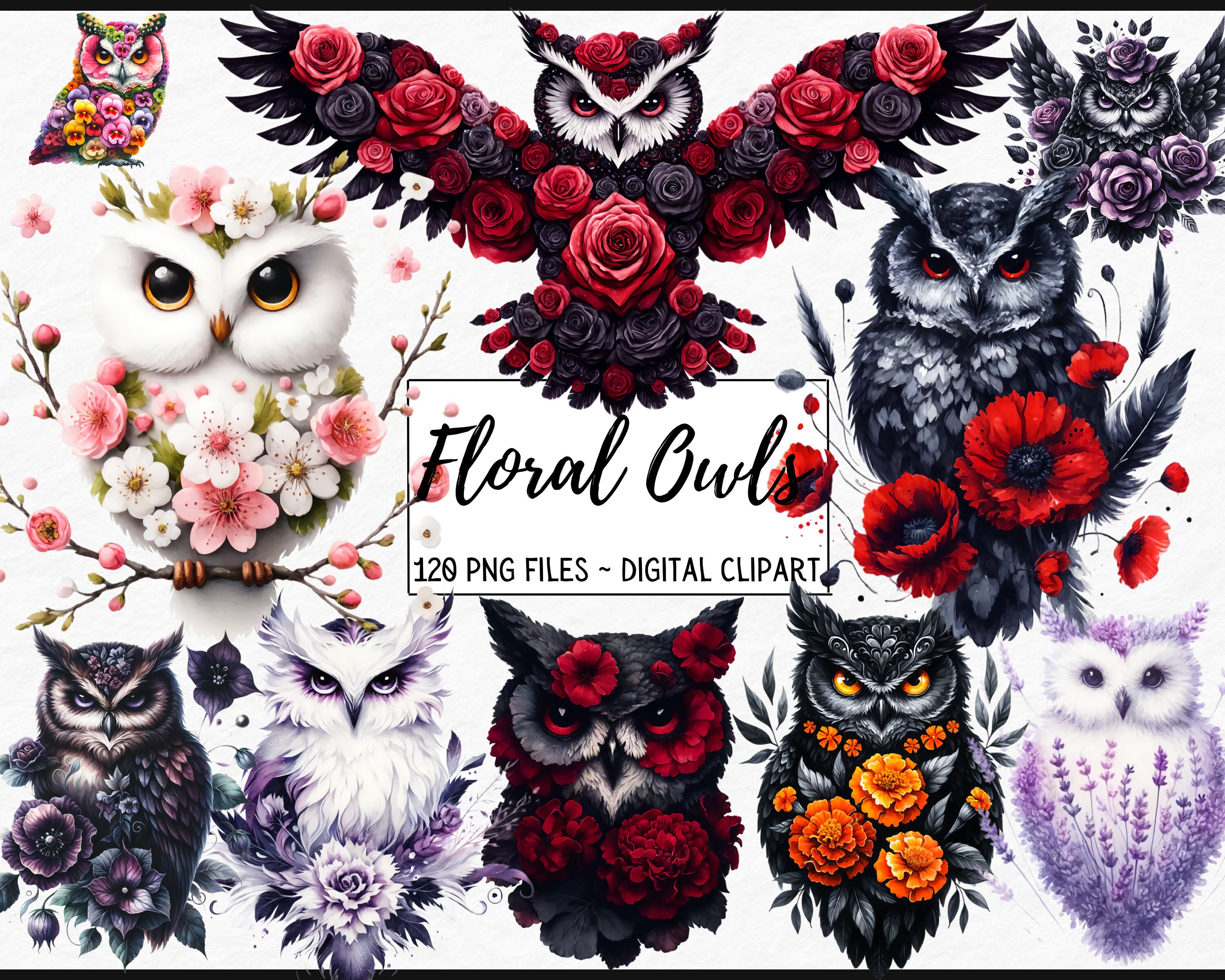 Watercolor Gothic Floral Owls Clipart - dark fantasy watercolor woodland PNG format instant download