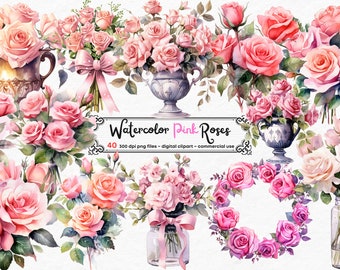Watercolor Pink Roses Clipart - Roses in PNG format instant download for commercial use, Pink Rose Vase, Pink Rose scrapbooking