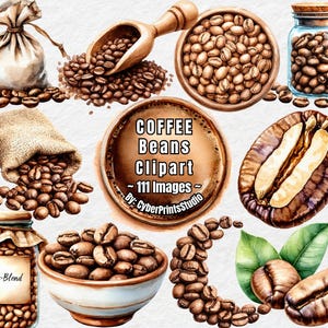 Puede incluir: Ilustración en acuarela de granos de café en varios recipientes. Incluye un saco de yute, una cuchara de madera, un cuenco de madera, un tarro de cristal y un cuenco de cerámica. La imagen también presenta un grano de café cortado por la mitad y una taza de café con el texto "COFFEE BEANS CLIPART - 111 Images".