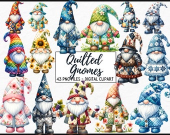 May include: A set of 43 digital clip art images of quilted gnomes in various colors and patterns. The gnomes are wearing hats and have beards. The text "Quilted Gnomes" and "43 PNG Files - Digital Clipart" is included in the image.