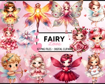 Könnte beinhalten: Ein Set mit 67 digitalen Clipart-Bildern, die Feen mit Flügeln, Herzen und Blumen zeigen. Die Feen sind in rosa, roten und weißen Kleidern mit Glitzerakzenten gekleidet. Die Bilder sind perfekt für Valentinstag-Bastelarbeiten, Scrapbooking und andere kreative Projekte.