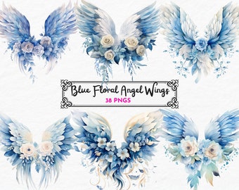 Clipart floreale di ali d'angelo, clipart acquerello, ali di piume png, clipart di ali di fantasia, clipart di paradiso, download digitale, uso commerciale