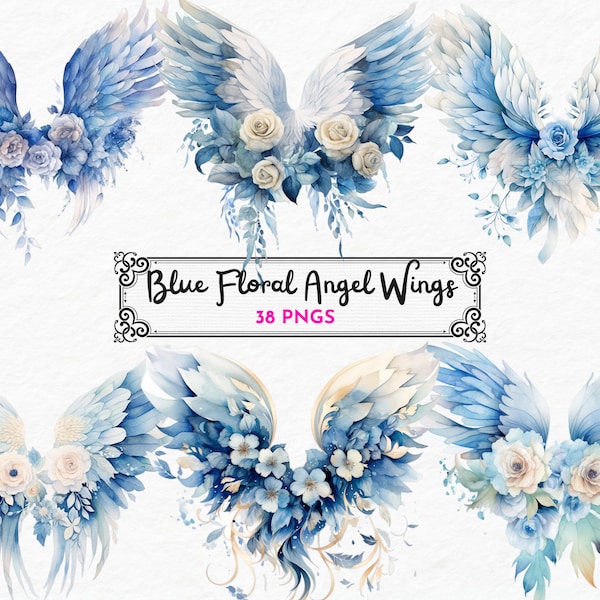 Floral Angel Wings Clipart, Watercolor clipart, Feather wings png, Fantasy Wings Clipart, Heaven Clipart, Digital Download, Commercial Use