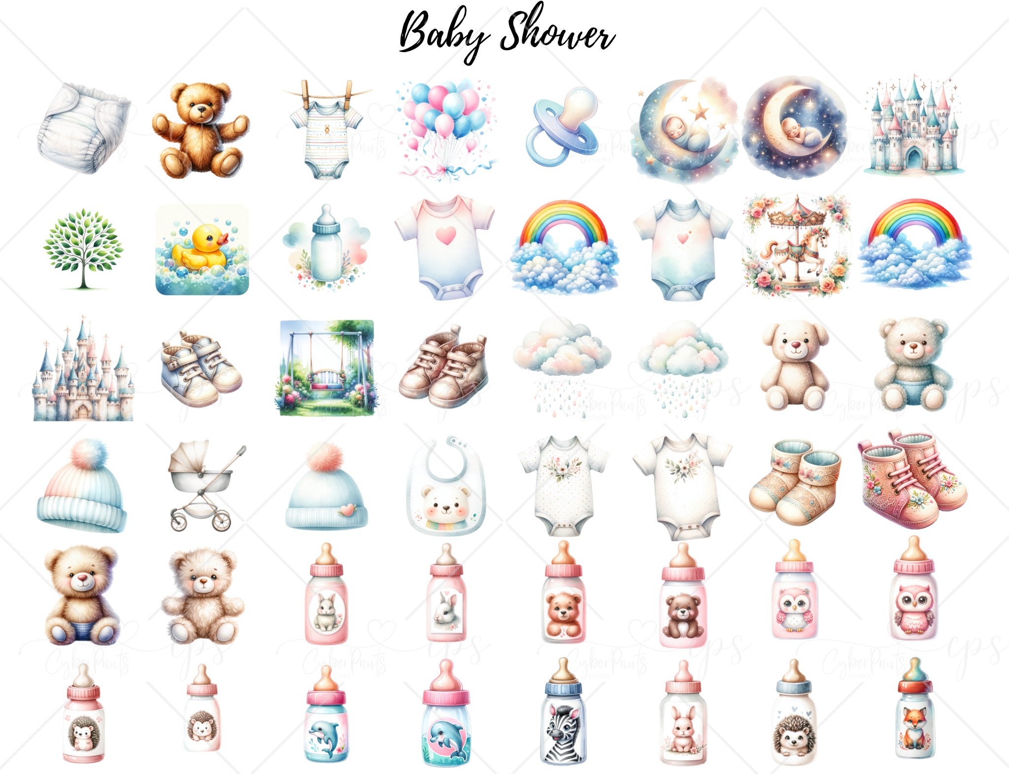 Baby Shower Watercolor Clipart Bundle - PNG Newborn Images, Cute ...
