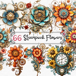 Steampunk-blomma Clipart, Steampunk-utskrivbara material, skräpjournal, Steampunk-ephemera, Steampunk-blommor, noggrant klippt, digital steampunk