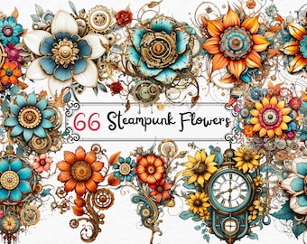 Steampunk Flower Clipart, Steampunk Printables, Junk Journal, Steampunk Ephemera, Steampunk Floral, Fussy Cut, Digital Steampunk