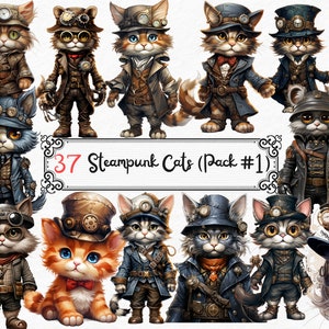Steampunk Cats Clipart, 37 PNG Steampunk Imprimibles, Junk Journal, Steampunk Ephemera, gato fabuloso, Fussy Cut, Digital Steampunk