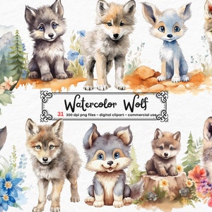 Pacote de clipart de lobo bebê fofo, conjunto de arte para impressão de ilustração de animal em aquarela, clipart de lobo adorável, 31 arquivos PNG, uso comercial