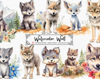 Cute Baby Wolf Clipart Bundle, Watercolor Animal Illustration Printable Art Set, Adorable Wolf Clipart, 31 PNG Files, Commercial Use