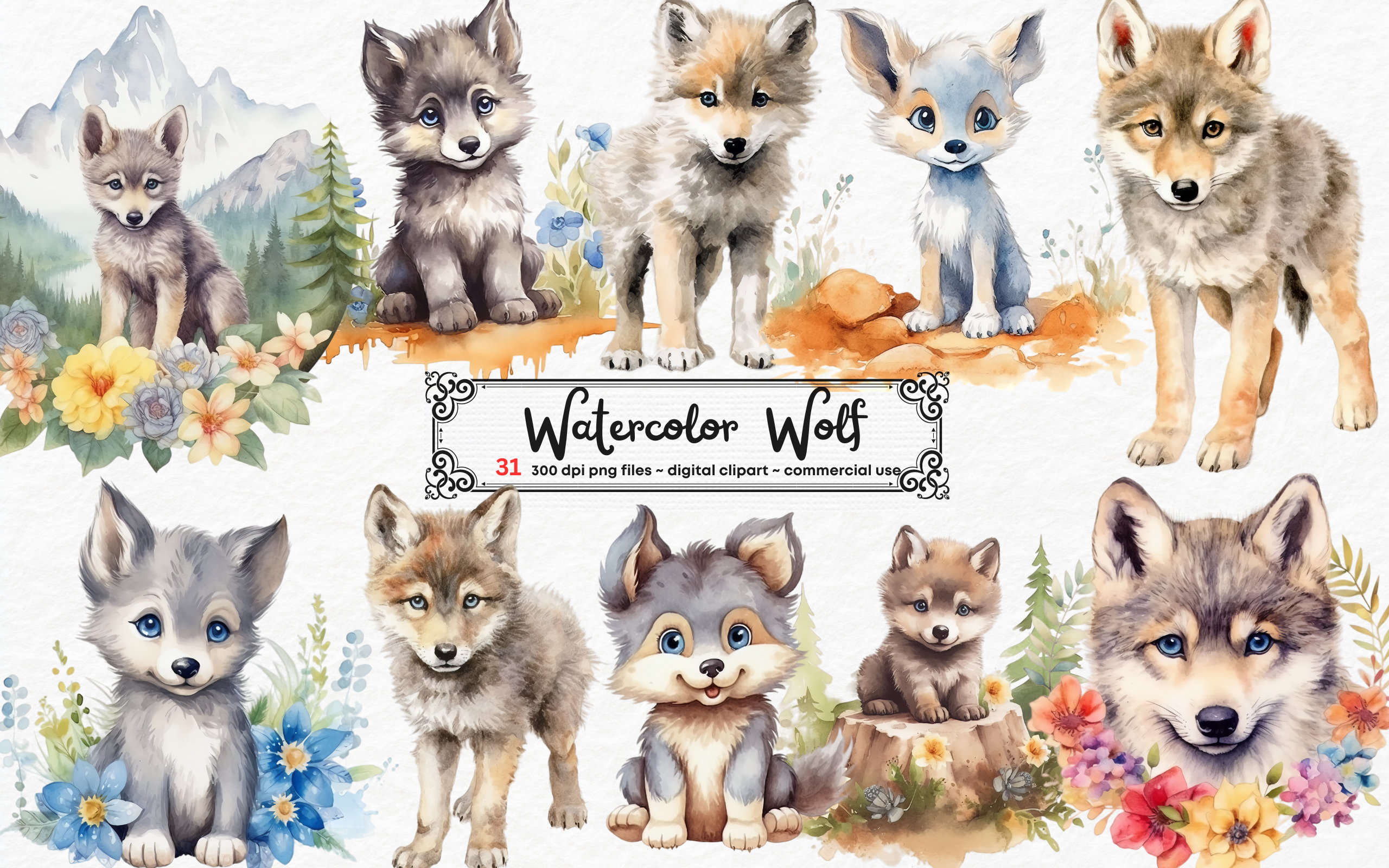 Cute Baby Wolf Clipart Bundle Watercolor Animal (Download Now) Etsy
