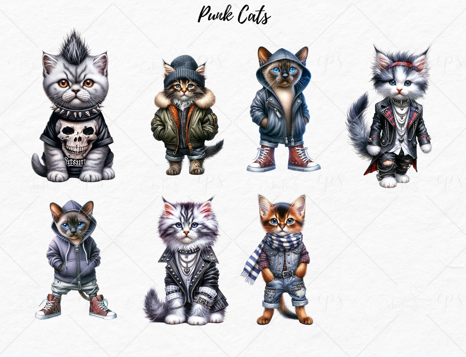 Gothic Punk Rocker Cat Illustrations, Mohawk Kitten, Clipart, Clip Art ...