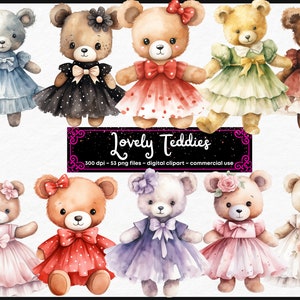 Aquarel teddybeer, teddy in jurk, schattige schattige teddybeer, instant download, commercieel gebruik, junk journal, kinderillustraties
