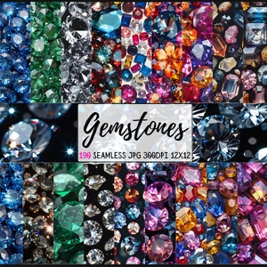 May include: A collection of 198 seamless digital paper patterns featuring various gemstones in different colors and shapes. The patterns are perfect for crafting, scrapbooking, and digital design projects.