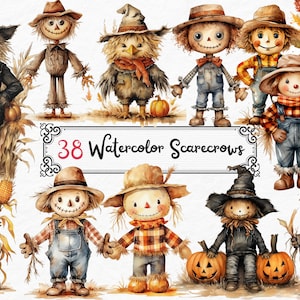 Watercolor Scarecrow Clipart Bundle | Halloween PNG | Digital Planner | Collage Images | Halloween Decor | Paper Craft | Commercial License