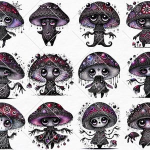 May include: Twelve digital illustrations of whimsical mushroom characters with intricate details. Each mushroom has a unique design with a dark purple and black color scheme. The characters have large eyes and a variety of expressions.