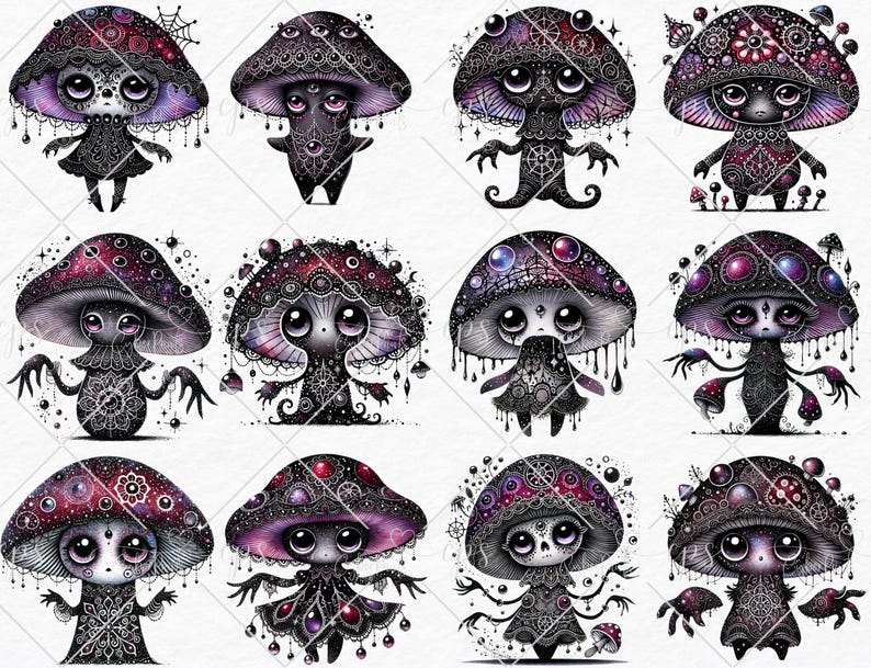 May include: Twelve digital illustrations of whimsical mushroom characters with intricate details. Each mushroom has a unique design with a dark purple and black color scheme. The characters have large eyes and a variety of expressions.