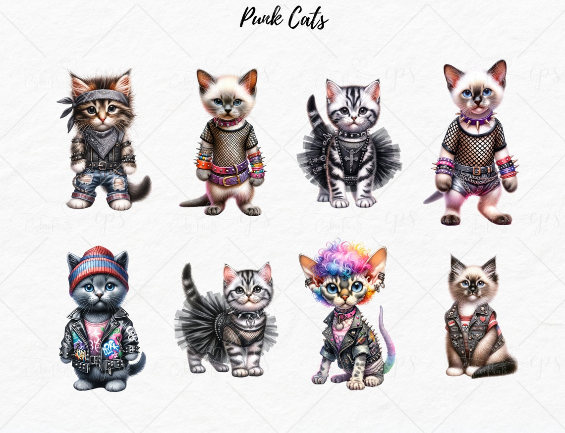 Gothic Punk Rocker Cat Illustrations, Mohawk Kitten, Clipart, Clip Art ...