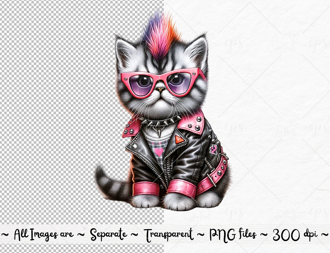 Gothic Punk Rocker Cat Illustrations, Mohawk Kitten, Clipart, Clip Art ...