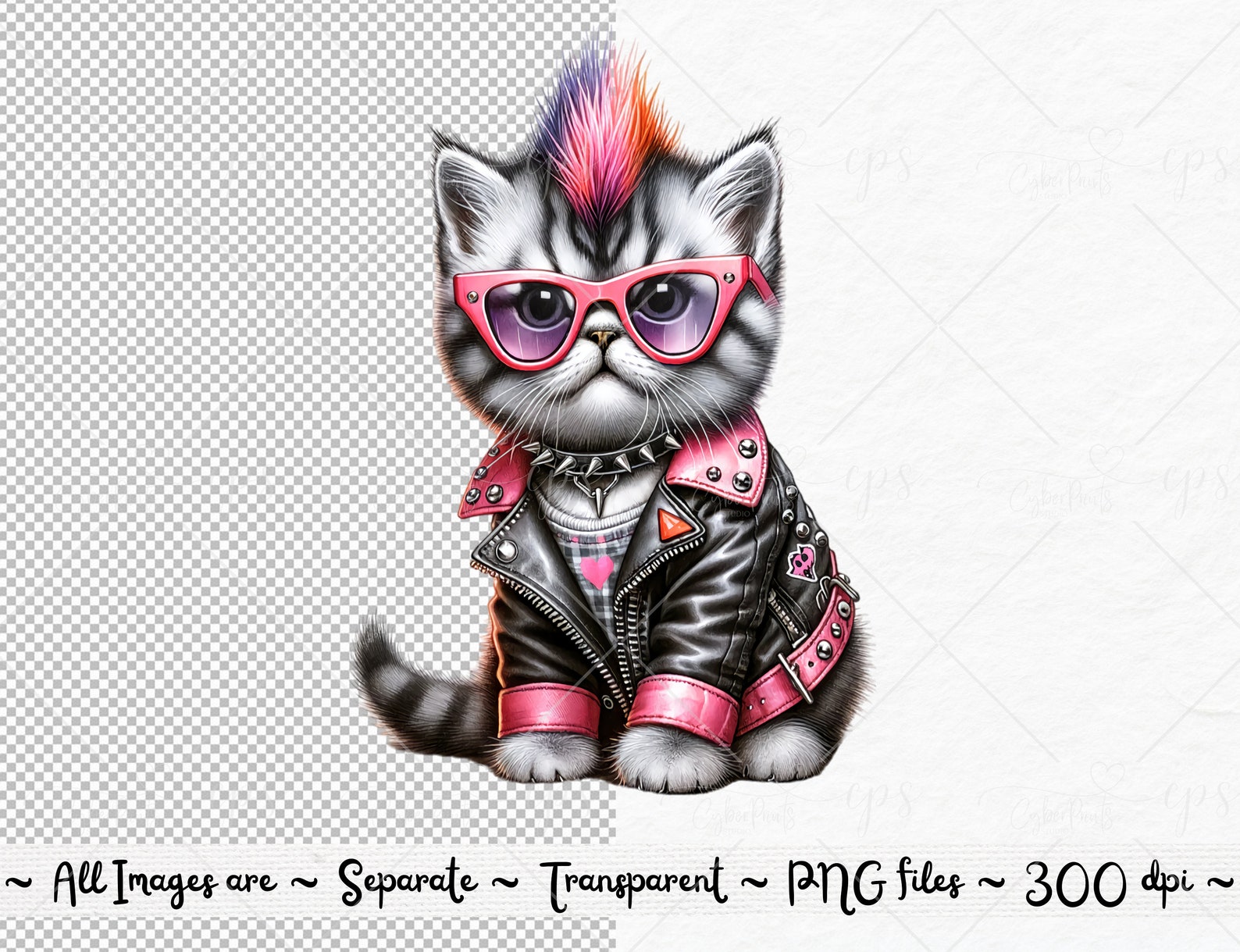 Gothic Punk Rocker Cat Illustrations, Mohawk Kitten, Clipart, Clip Art ...