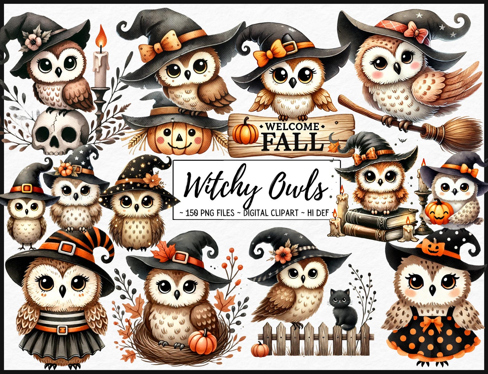 Witch Owls Clipart, Halloween Owl Art, Cute Owl, Fall Digital Art ...