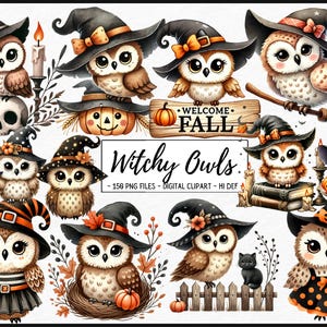 witch owls clipart, Halloween owl art, cute owl, fall digital art, spooky owl clipart, pumpkin owl , autumn owl graphics,Halloween decor PNG