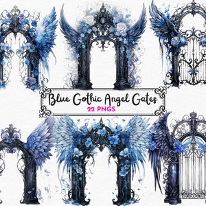 Blue Gothic Angel Gates Clipart - ethereal doors, fantasy heaven watercolor PNG format instant download for commercial use