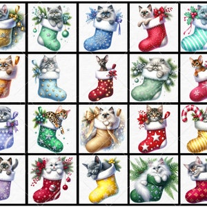 Christmas Kitten Stocking, Cute Watercolor Cat Clipart, Holiday ...