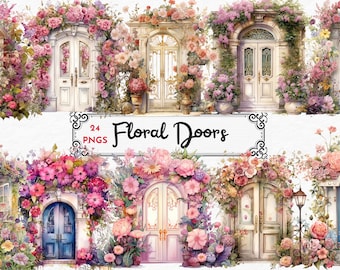 Aquarell Blumen Türen Clipart - Frühling Türen, Sommer Türen Aquarell PNG format sofortiger Download für kommerzielle Nutzung, magische Türen