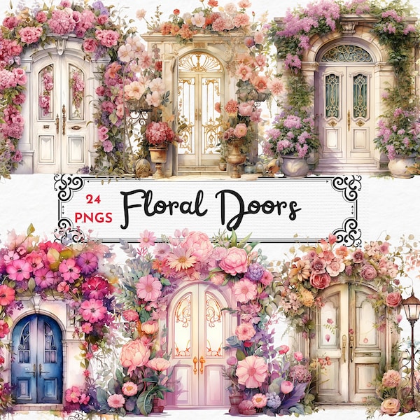 Watercolor Floral Doors Clipart - Spring Doors, Summer Doors watercolor PNG format instant download for commercial use, magic doors