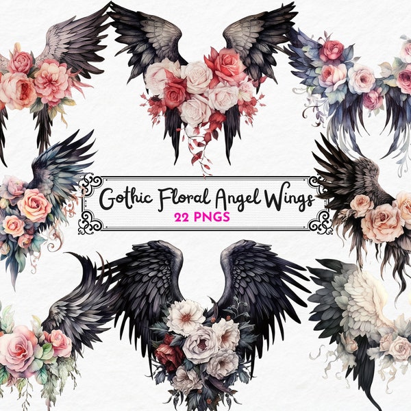 Gothic Floral Angel Wings Clipart, Watercolor clipart, Feather wings png, Fantasy Wings Clipart, Heaven Clipart, Digital Download