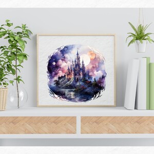 Aquarel Fantasy Castles Clipart - fantasy kasteel nacht landschap landschappen PNG formaat instant download voor commercieel gebruik afbeelding 9