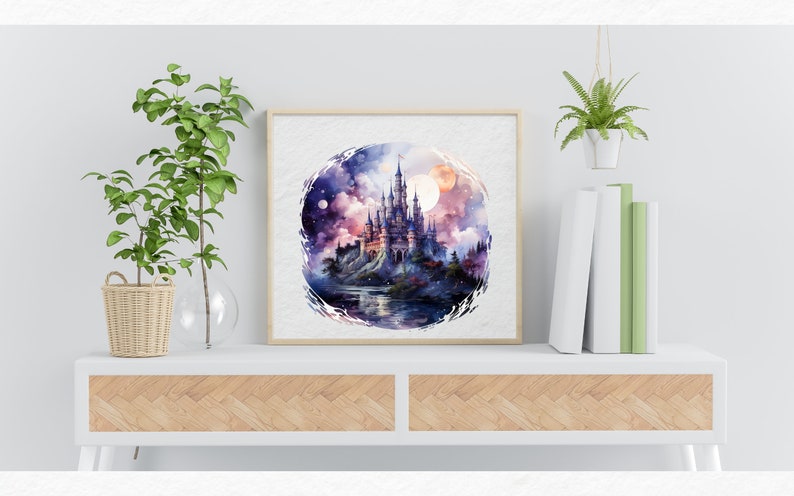 Aquarel Fantasy Castles Clipart - fantasy kasteel nacht landschap landschappen PNG formaat instant download voor commercieel gebruik afbeelding 9