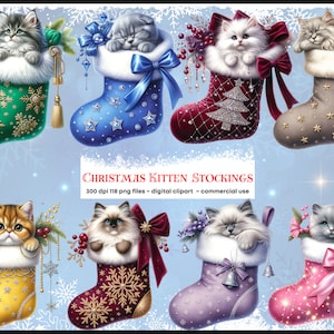 Weihnachten Kätzchen Stocking, süße Aquarell Katze Clipart, Urlaub, festlich, entzückende Katze Mama Clipart, Xmas Clipart Bundle, PNG Digital