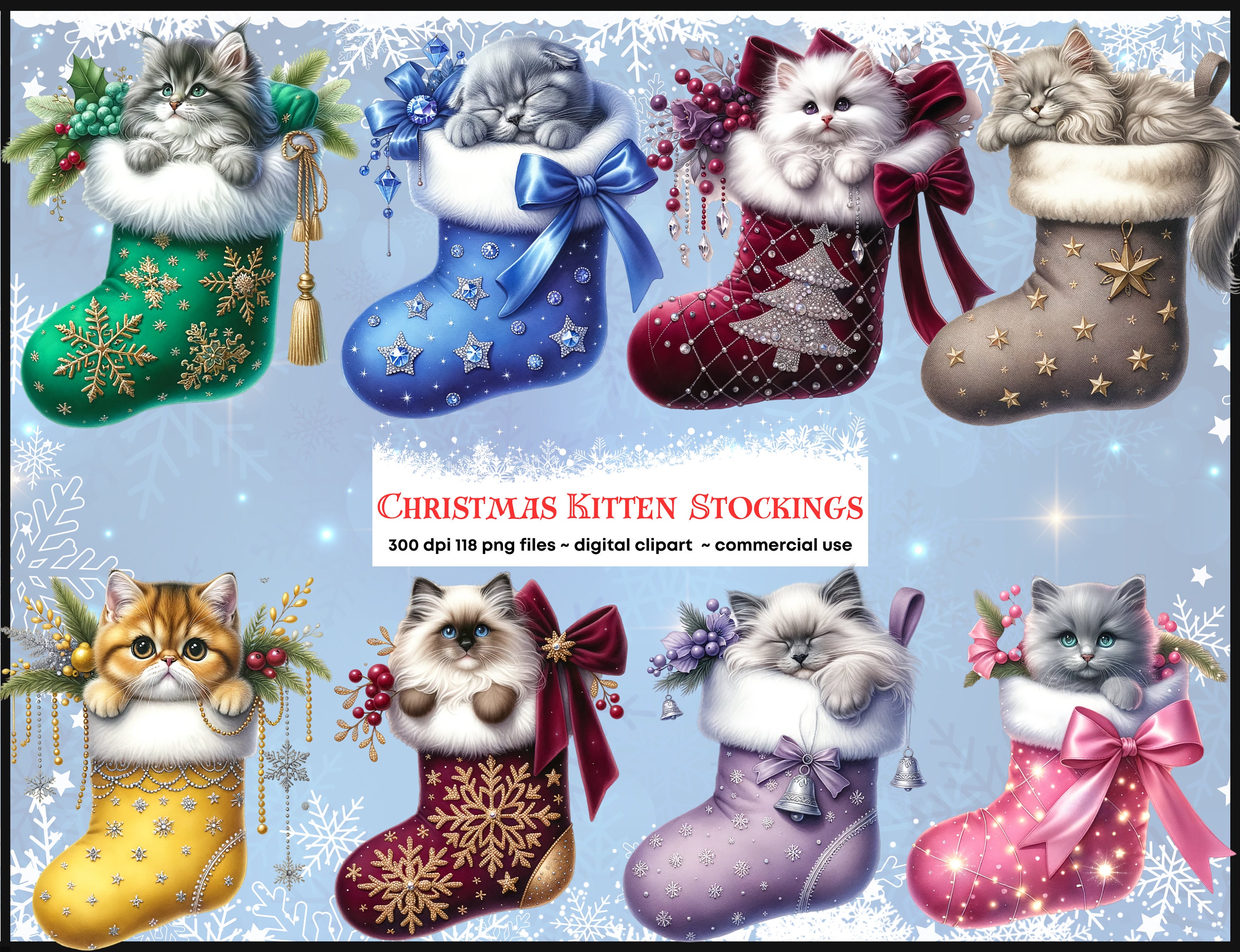 Christmas Kitten Stocking, Cute Watercolor Cat Clipart, Holiday ...