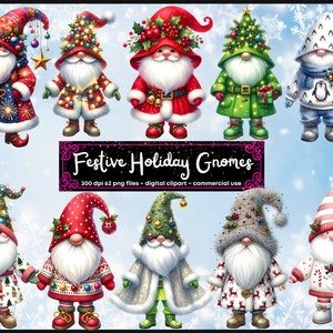 Clipart festivo de gnomos de férias, caprichoso, divertido, PNG Natal, Papai Noel, impressões digitais, arte de Natal, download digital instantâneo, árvore de Natal