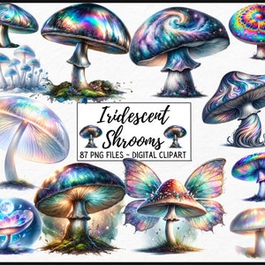 Clipart champignons magiques aquarelle irisé - champignons psychédéliques, Trippy fantasy Junk Journal format PNG téléchargement immédiat usage commercial