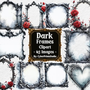 Dark Gothic Frame Clipart Bundle - 63 Watercolor Skull, Thorn, Web, Baroque, Haunted, Vintage, Grunge and Horror Border PNGs, sublimation