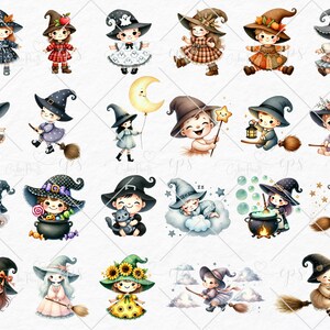 May include: A set of 18 digital illustrations featuring cute witches in various poses and outfits. The witches are wearing colorful hats, dresses, and accessories. Some are holding brooms, wands, and other magical items. The illustrations are perfect for Halloween crafts, scrapbooking, and other creative projects.