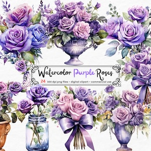 Watercolor Purple Roses Clipart - Roses in PNG format instant download for commercial use, Purple Rose Vase, Purple Rose scrapbooking