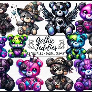 Oso de peluche gótico, animal relleno patchwork acolchado, oso de corazón lindo, oso de peluche de fantasía, oso real, descarga instantánea, uso comercial