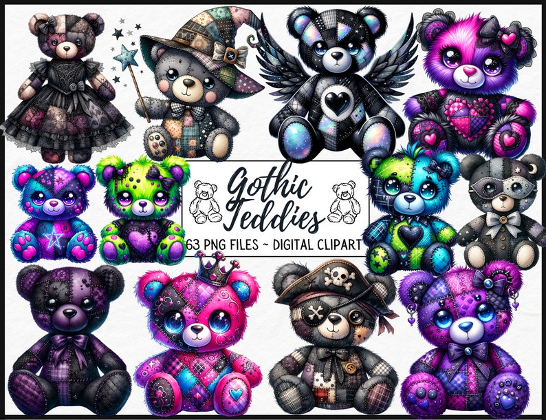 May include: A set of 10 digital clip art images of gothic teddy bears. The bears are dressed in various styles, including patchwork, punk, and pirate. The images are in PNG format and are perfect for crafting projects, scrapbooking, and more.