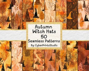 Autumn Witch Hat Digital Paper Bundle – 50 Seamless Halloween Forest Patterns with Spooky Trees, Fall Foliage, and Magic Hat Clipart