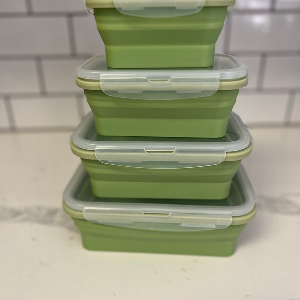 Food Storage Container Collapsible, 4 sizes included, color options: green, grey, pink, blue. Space saving storage for Home, Boat, RV, etc.