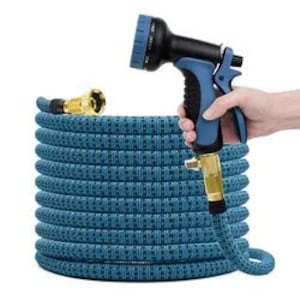 Garden Hose Water Hose with 10 Function Hose Nozzle Sprayer, Hanger, Hose Gaskets, and Storage Pouch, Blue w Black,FREE Std SHIPPING cont US
