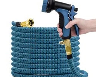 Garden Hose Water Hose with 10 Function Hose Nozzle Sprayer, Hanger, Hose Gaskets, and Storage Pouch, Blue w Black,FREE Std SHIPPING cont US