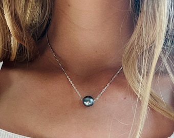 12mm Tahitian Pearl Necklace, Handmade Floating Pendant, 24K Gold or Silver Chain