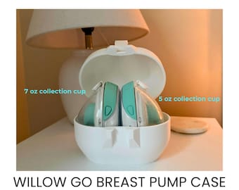 May include: A white Willow Go breast pump case containing two collection cups. The left cup is labeled 7 oz collection cup and the right cup is labeled 5 oz collection cup. The case is open, revealing the teal and white pump components inside.