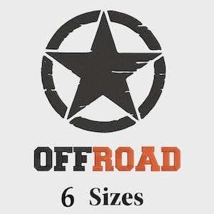 May include: Black star within a distressed circle, with the word "OFFROAD" in black and orange lettering. Below, the text reads "6 Sizes". The design is on a white background.